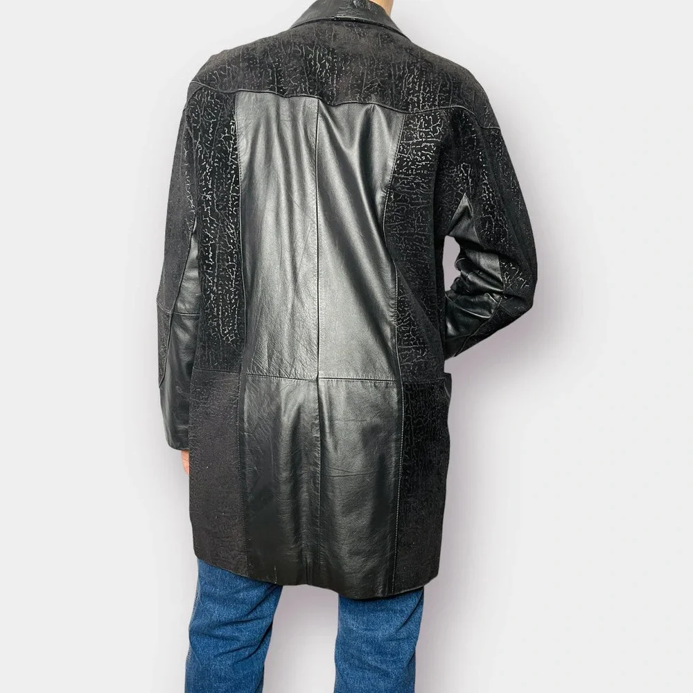 80s Comint Leather and Textured Suede Black Mid Length Coat‎